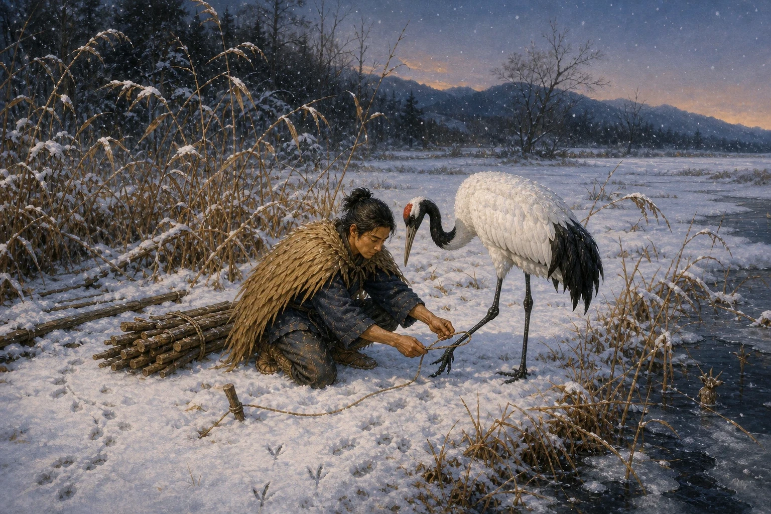 Where the track crossed the frozen marsh he heard a sound he did not recognise and went in through the dead reeds to find it. Where the track crossed the frozen marsh he heard a sound he did not recognise and went in through the dead reeds to find it.