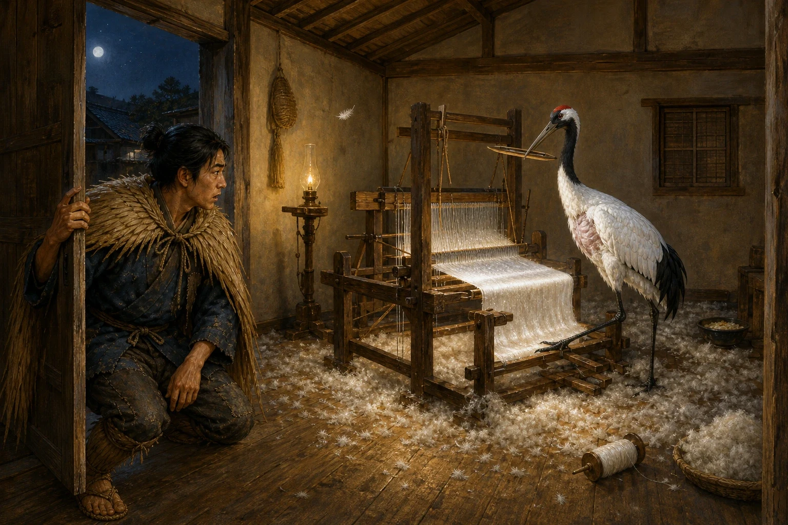 There was no woman in the room. At the loom, working the heddles with her long black legs and passing the shuttle with her beak, stood a crane — a red-crowned… There was no woman in the room. At the loom, working the heddles with her long black legs and passing the shuttle with her beak, stood a crane — a red-crowned…