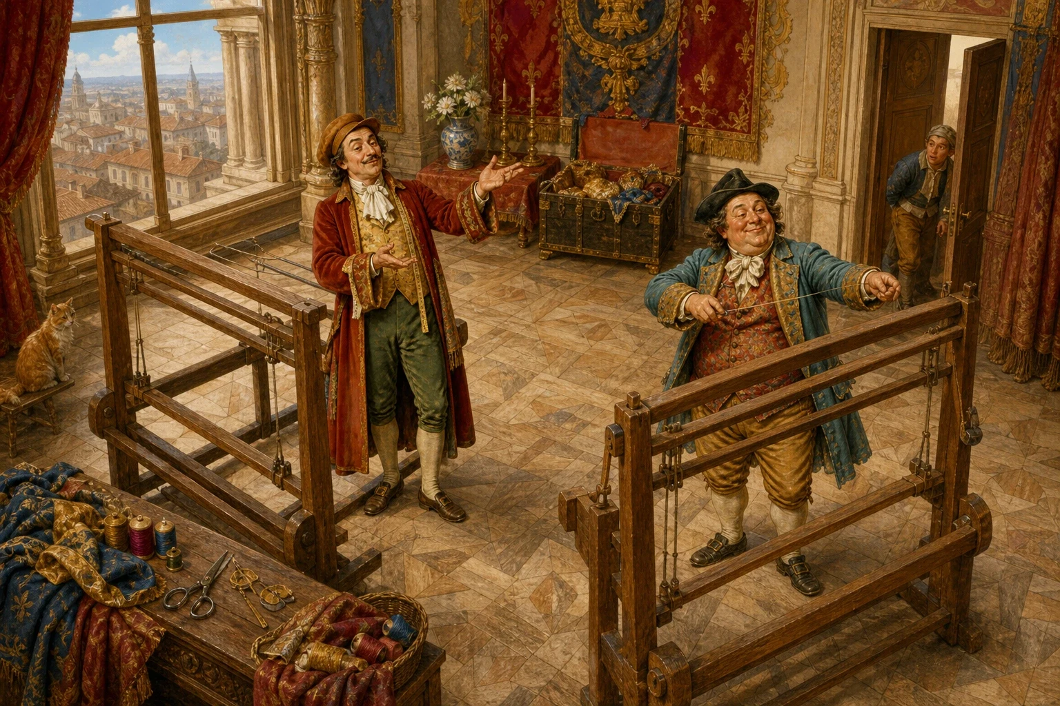 One day two swindlers came to the city, giving out that they were master weavers who could weave the most magnificent cloth imaginable. One day two swindlers came to the city, giving out that they were master weavers who could weave the most magnificent cloth imaginable.