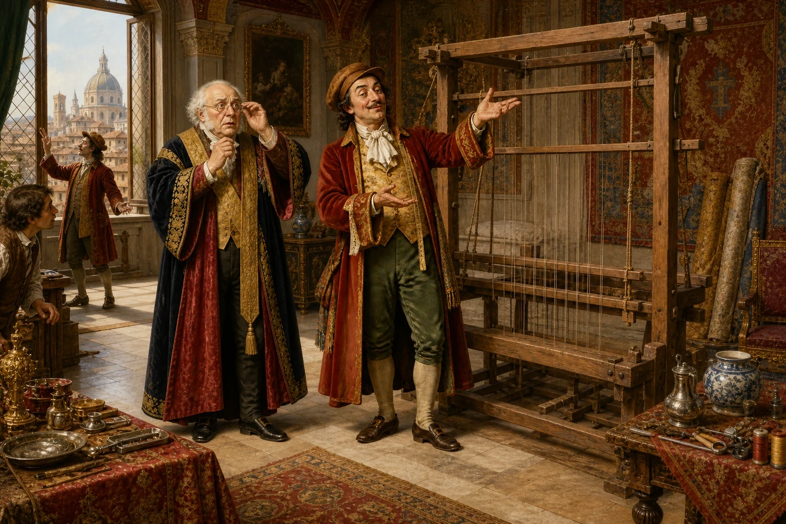Eager to know how the marvellous cloth was coming along, the emperor sent his honest old minister to inspect it. The old man went in — and stared, and stared… Eager to know how the marvellous cloth was coming along, the emperor sent his honest old minister to inspect it. The old man went in — and stared, and stared…