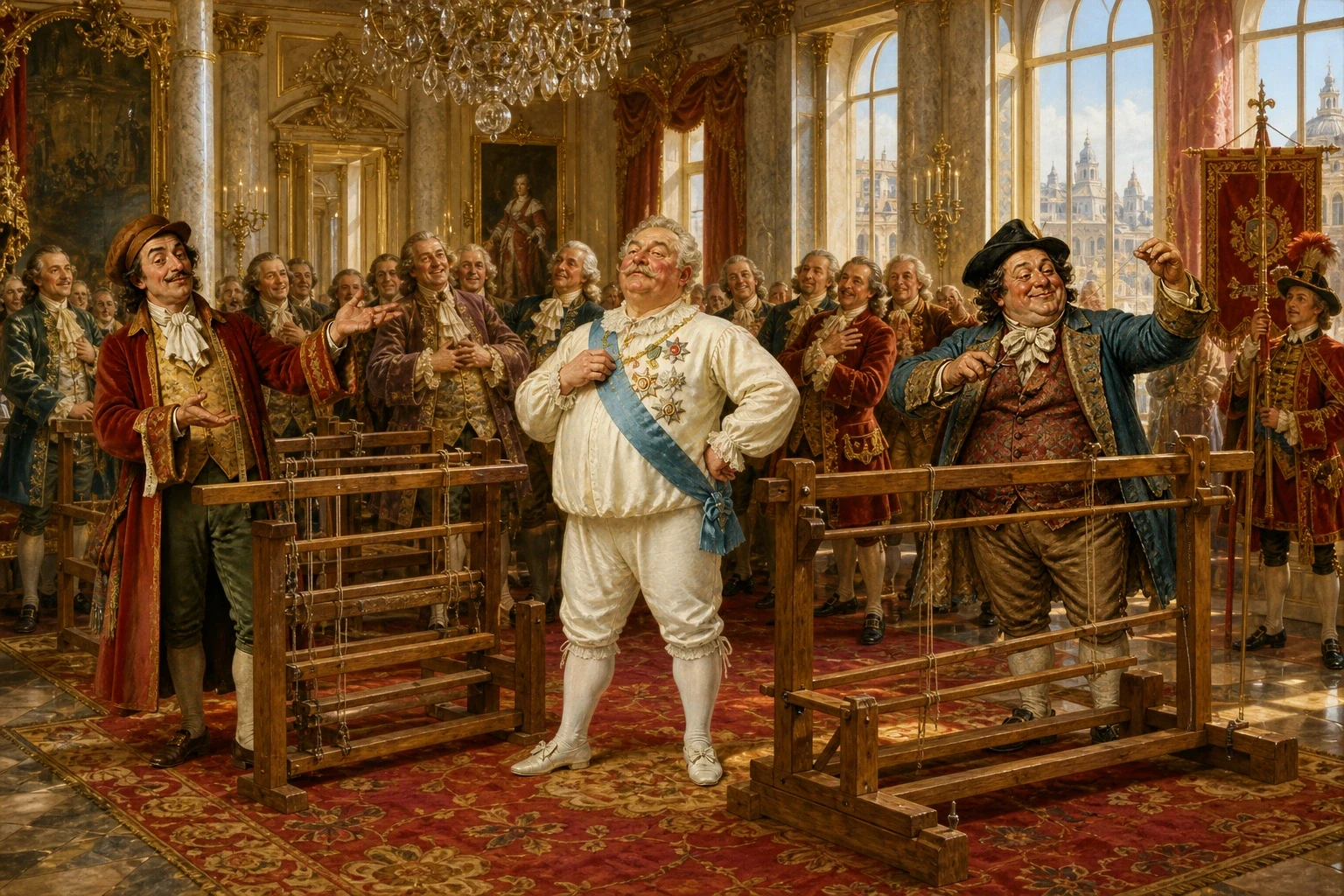 At last the emperor himself came to see the famous cloth, with a crowd of his grandest courtiers. He looked at the looms — and, to his horror, he too could see… At last the emperor himself came to see the famous cloth, with a crowd of his grandest courtiers. He looked at the looms — and, to his horror, he too could see…