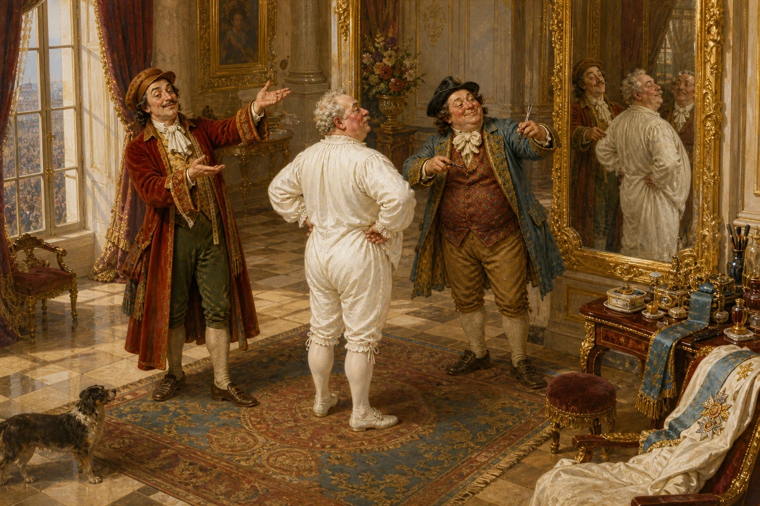 On the morning of the great procession, the two swindlers pretended to lift the new clothes from the looms, snipping the air with their great scissors and… On the morning of the great procession, the two swindlers pretended to lift the new clothes from the looms, snipping the air with their great scissors and…