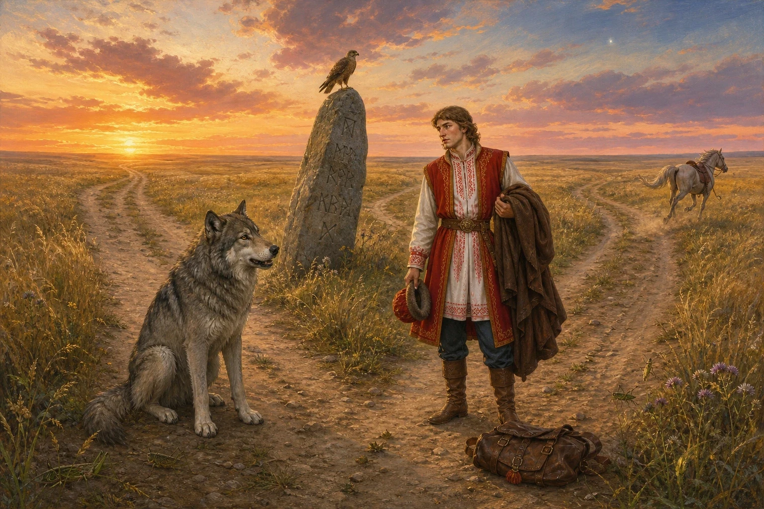 The three brothers rode out together and parted where the road split. There was a grey stone standing at the fork with words cut into it, and the words said… The three brothers rode out together and parted where the road split. There was a grey stone standing at the fork with words cut into it, and the words said…