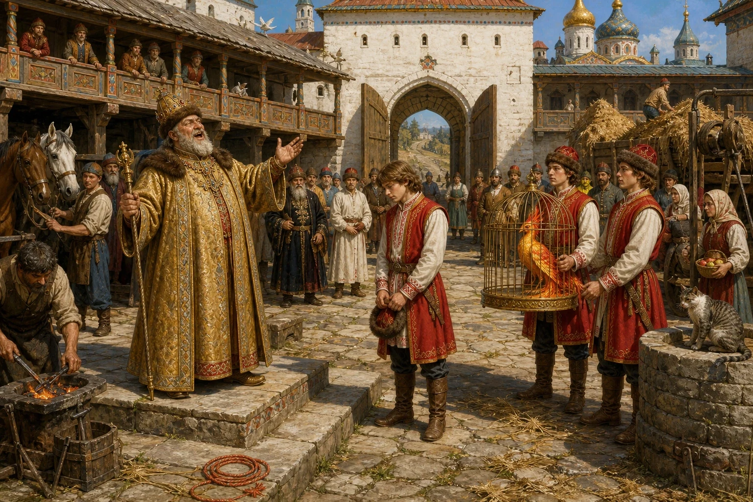 They caught him at the wall with the bird under one arm and the cage under the other, and brought him into the courtyard in front of Tsar Dolmat, who was a… They caught him at the wall with the bird under one arm and the cage under the other, and brought him into the courtyard in front of Tsar Dolmat, who was a…