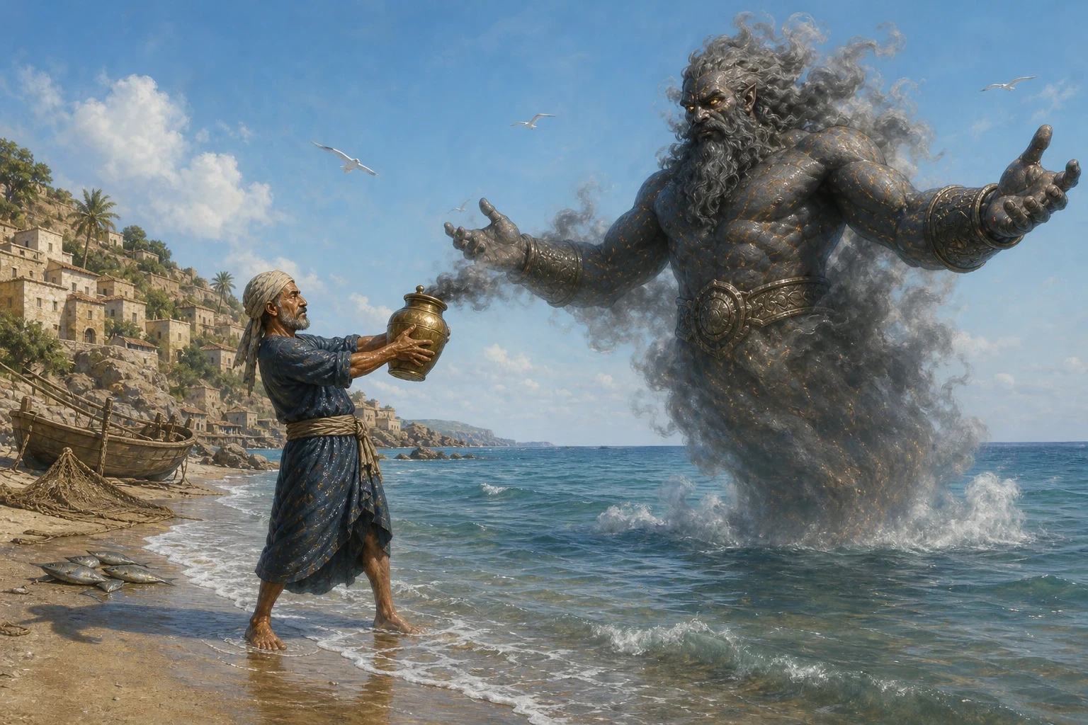 He carried the jar down to the water's edge and stood there holding it over the sea, and said that he was going to throw it back where it came from and build a…