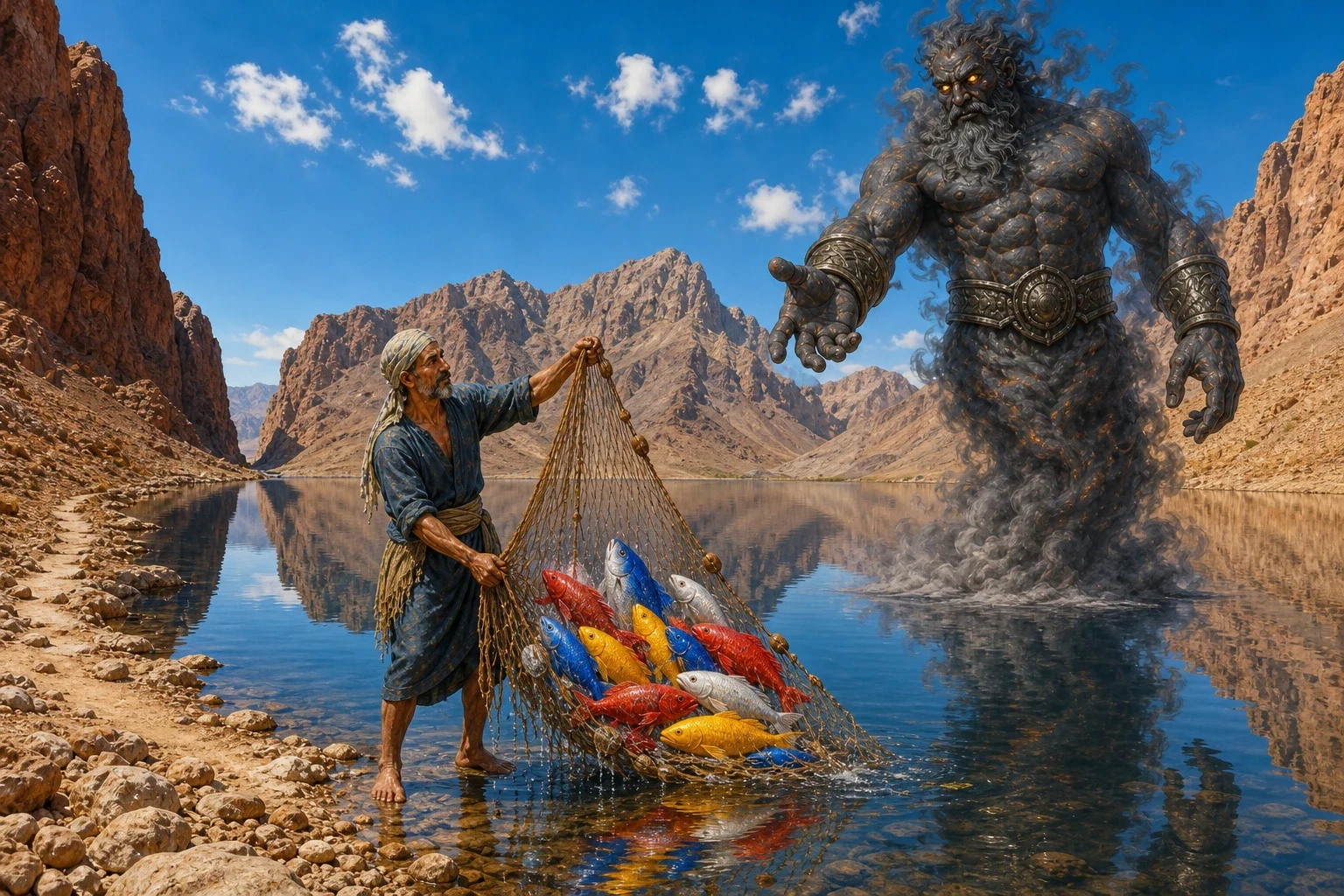 Then the ifrit told him to pick up his net and follow, and it went inland, and he went after it — up off the shore, past the village, over the stony hills…