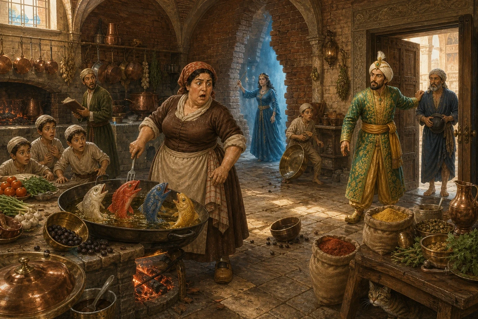 He took the four fish to the palace, and the Sultan had never seen anything like them and paid him four hundred gold pieces on the spot, and sent them down to…