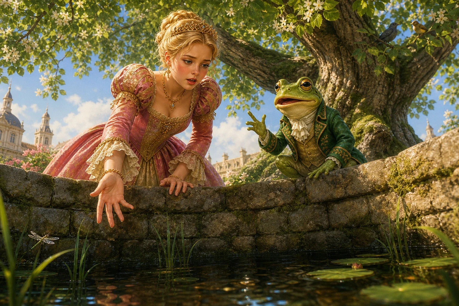 One day the golden ball slipped from the princess's hands, bounced once on the well's stone rim, and dropped straight down into the deep dark water, gone. One day the golden ball slipped from the princess's hands, bounced once on the well's stone rim, and dropped straight down into the deep dark water, gone.