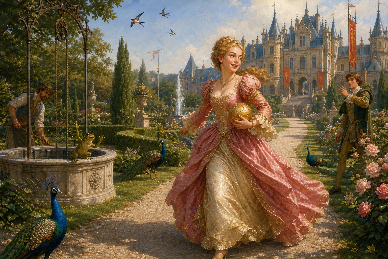 True to his word, the frog dived down and came up with the golden ball, and set it on the grass. But the moment the delighted princess snatched it up, she… True to his word, the frog dived down and came up with the golden ball, and set it on the grass. But the moment the delighted princess snatched it up, she…