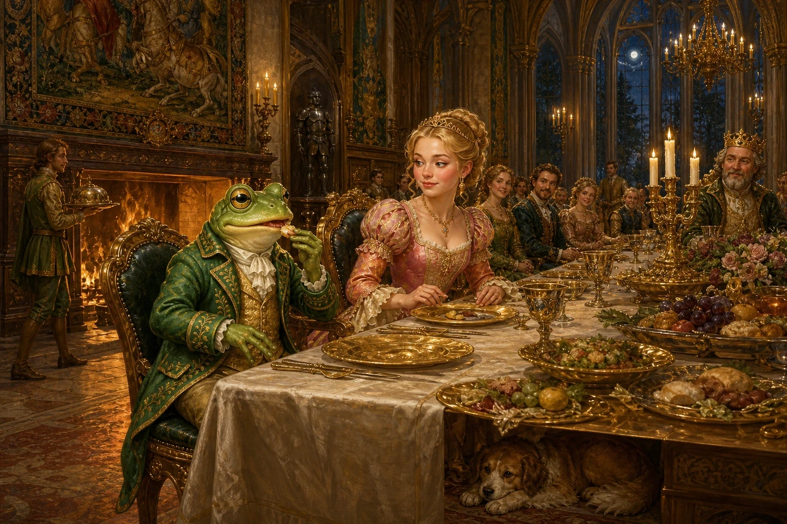 So the frog was lifted up onto the table, and true to the bargain he ate a little from the princess's own golden plate and drank from her little cup, while she… So the frog was lifted up onto the table, and true to the bargain he ate a little from the princess's own golden plate and drank from her little cup, while she…