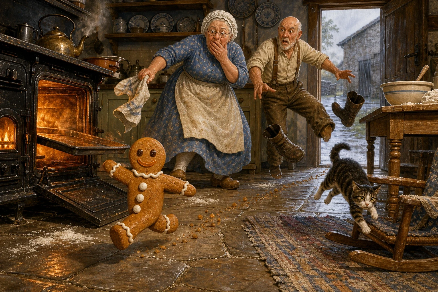 When the time was up the old woman took the cloth and opened the oven door — and the gingerbread man sat up on his baking tray, put one leg over the edge of it… When the time was up the old woman took the cloth and opened the oven door — and the gingerbread man sat up on his baking tray, put one leg over the edge of it…