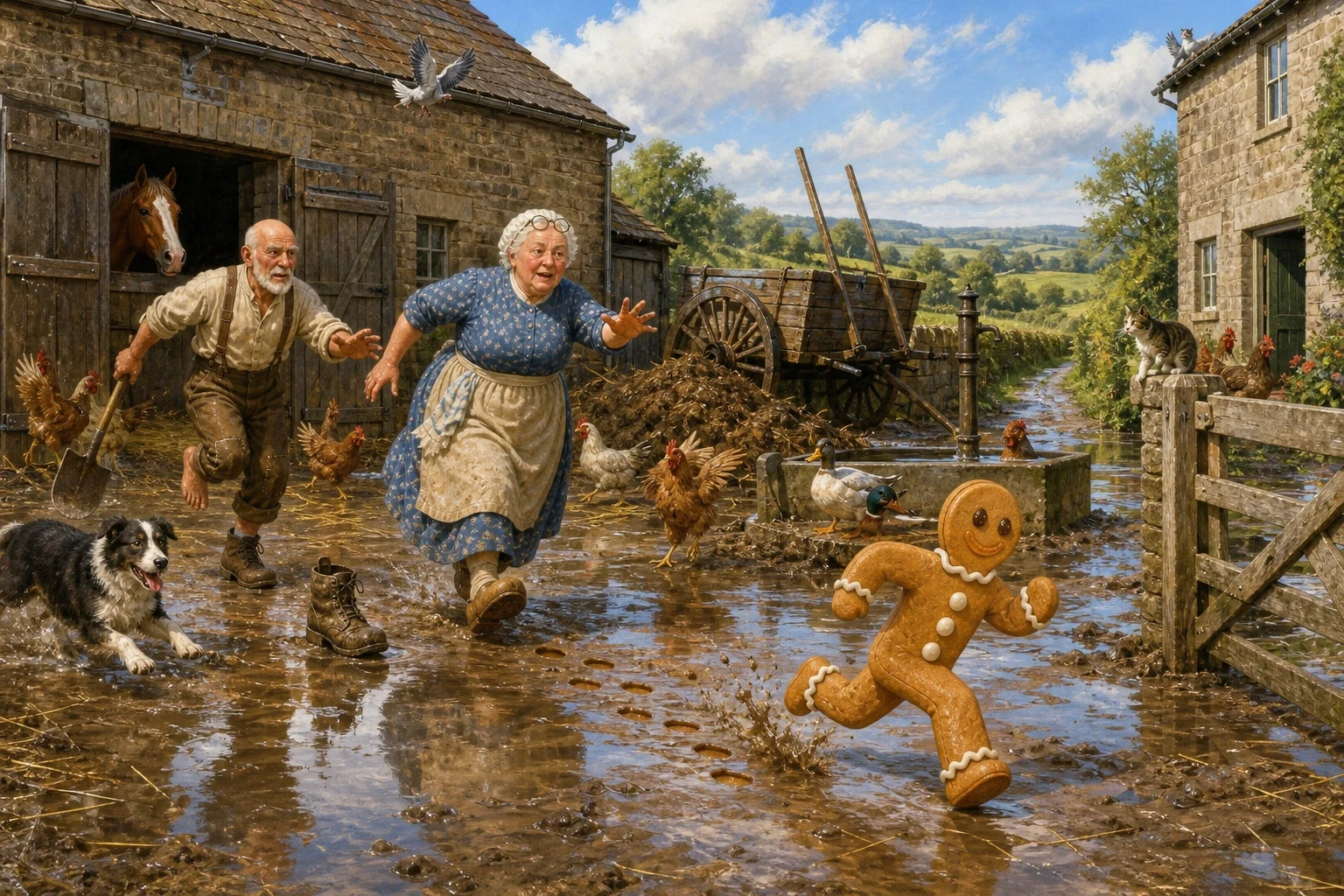 The old woman came out after him with her apron flapping and the old man came after her with one boot on, and the pair of them ran across their own farmyard at… The old woman came out after him with her apron flapping and the old man came after her with one boot on, and the pair of them ran across their own farmyard at…