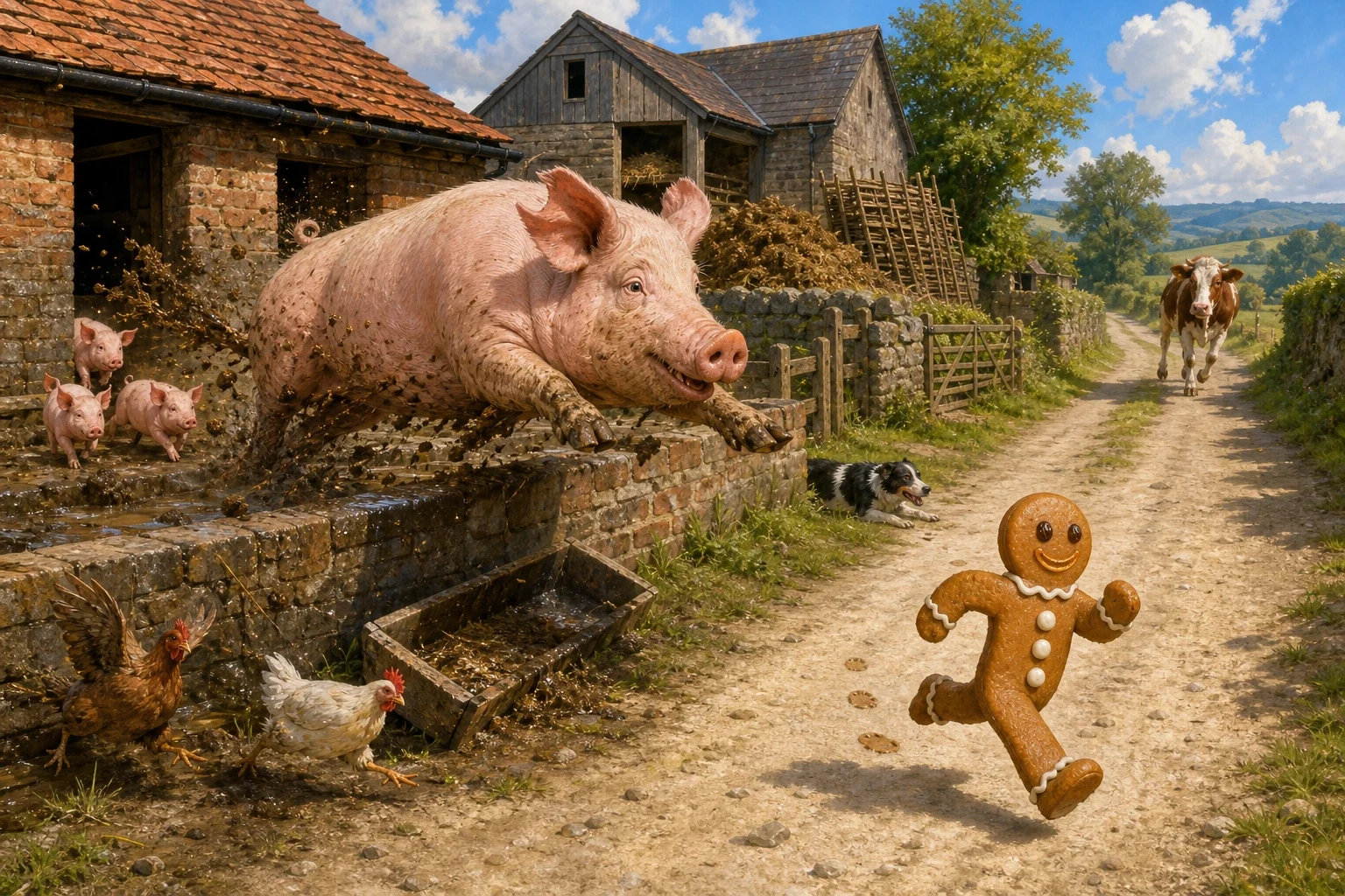 Past the next farm there was a sty with an enormous pink sow in it, lying in the mud with her eyes shut, and she heard him coming before she saw him. Past the next farm there was a sty with an enormous pink sow in it, lying in the mud with her eyes shut, and she heard him coming before she saw him.