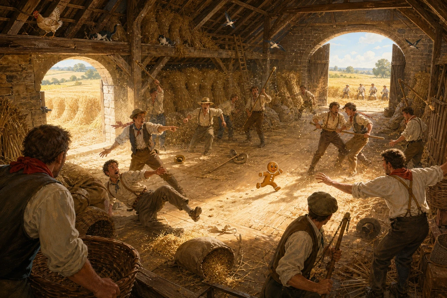Over the hedge there was a barn with its great doors open at both ends, and inside it a dozen threshers were beating out corn on the floor with their flails in… Over the hedge there was a barn with its great doors open at both ends, and inside it a dozen threshers were beating out corn on the floor with their flails in…