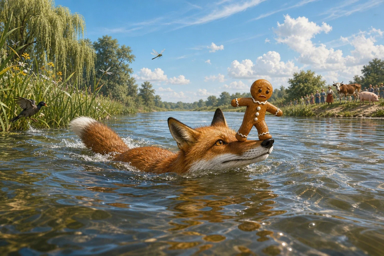 So the gingerbread man got on the fox's tail and the fox waded in and began to swim. And a little way out the fox said that the water was getting deeper and… So the gingerbread man got on the fox's tail and the fox waded in and began to swim. And a little way out the fox said that the water was getting deeper and…