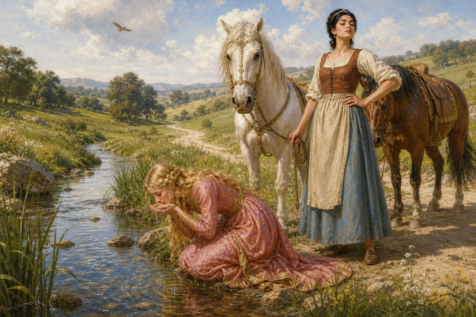 The road was long, and after many hours the princess grew thirsty and asked the maid to fetch her some water from a clear stream they were passing. The road was long, and after many hours the princess grew thirsty and asked the maid to fetch her some water from a clear stream they were passing.