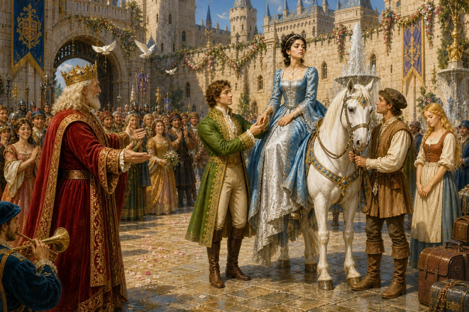 By the time they reached the far kingdom, the maid had made the princess change clothes with her, so that it was the maid who rode up to the palace in the fine… By the time they reached the far kingdom, the maid had made the princess change clothes with her, so that it was the maid who rode up to the palace in the fine…