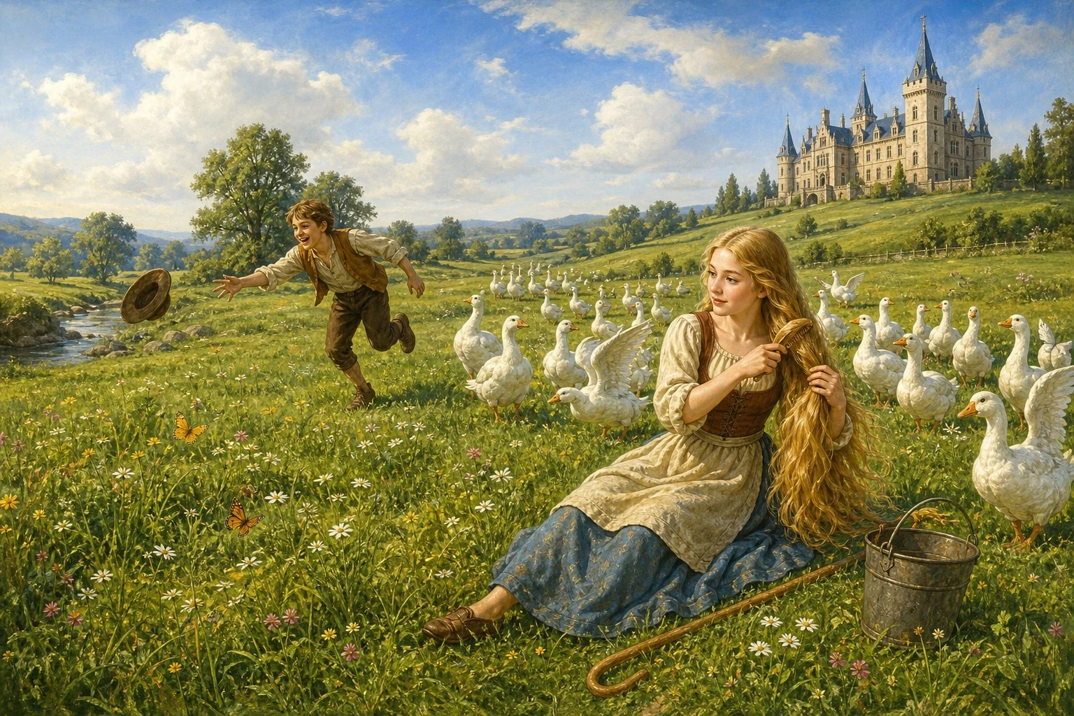 Having no place at the palace, the true princess was set to work as a goose-girl, driving the royal geese out to pasture each morning with a young goose-boy… Having no place at the palace, the true princess was set to work as a goose-girl, driving the royal geese out to pasture each morning with a young goose-boy…