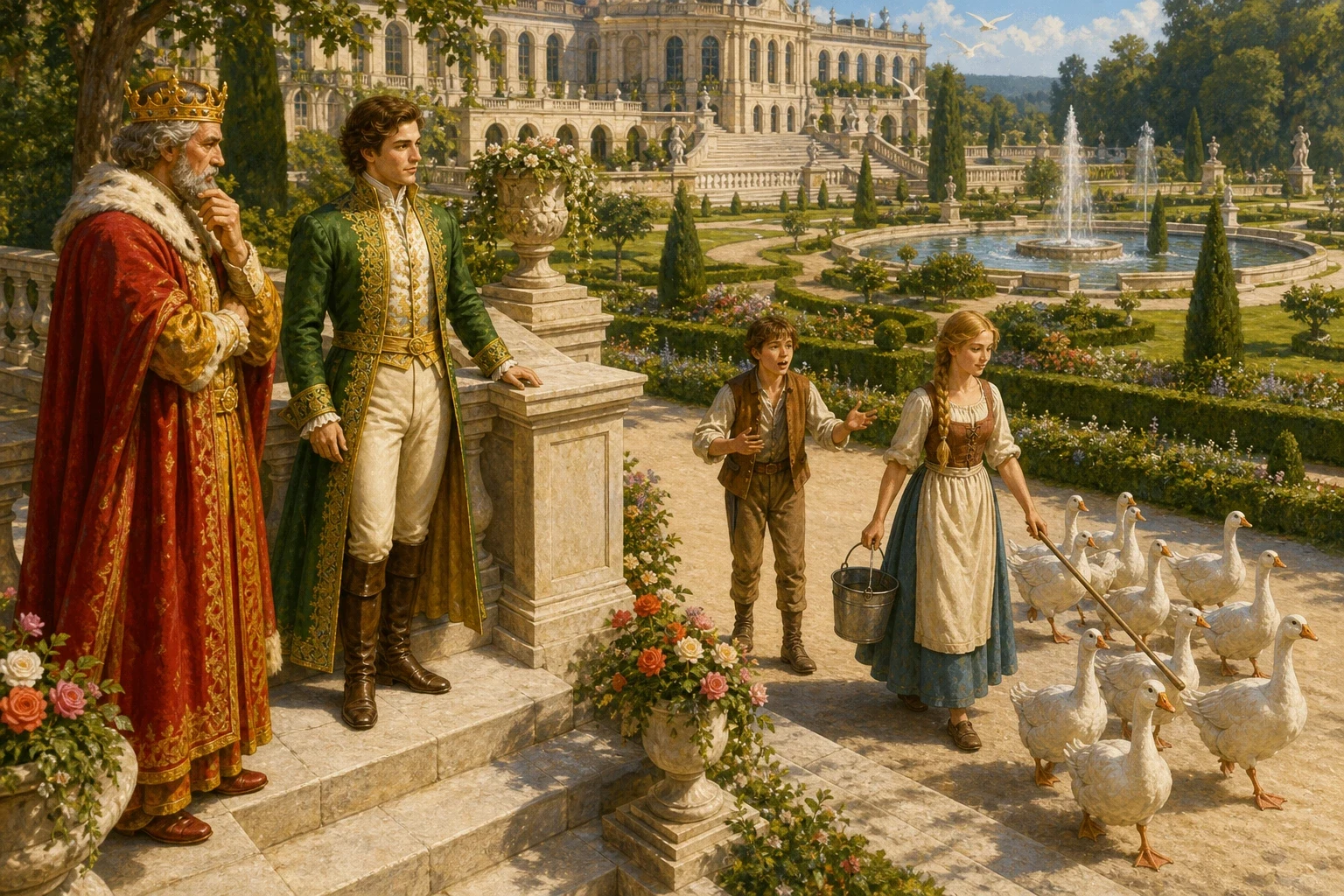 Now the young prince, though he was betrothed to the false bride, could not help but notice the quiet goose-girl who drove the geese past the palace each day. Now the young prince, though he was betrothed to the false bride, could not help but notice the quiet goose-girl who drove the geese past the palace each day.