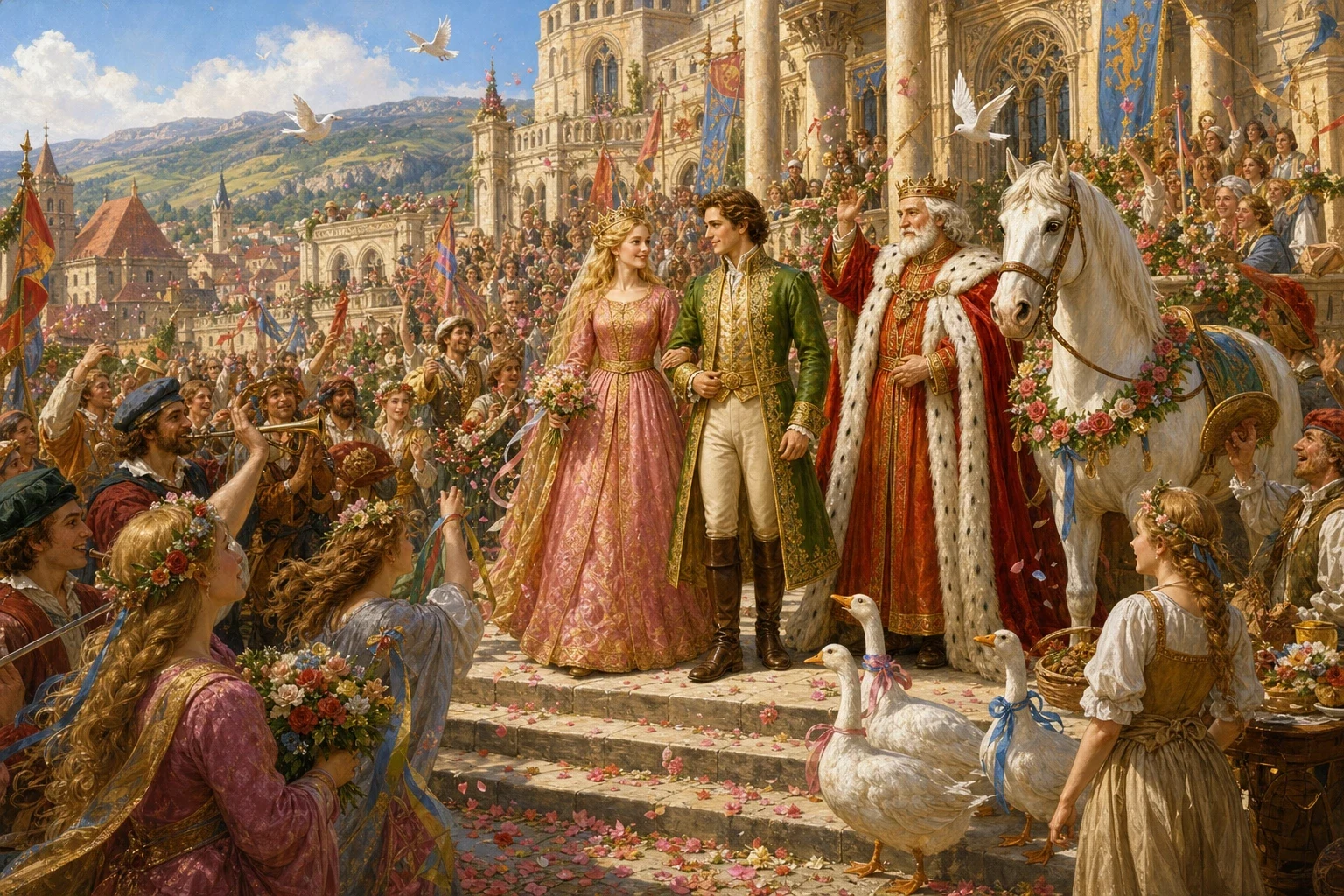 And so everything was set right at last. The young prince and the true princess were married in the grandest and happiest celebration the kingdom had ever seen… And so everything was set right at last. The young prince and the true princess were married in the grandest and happiest celebration the kingdom had ever seen…