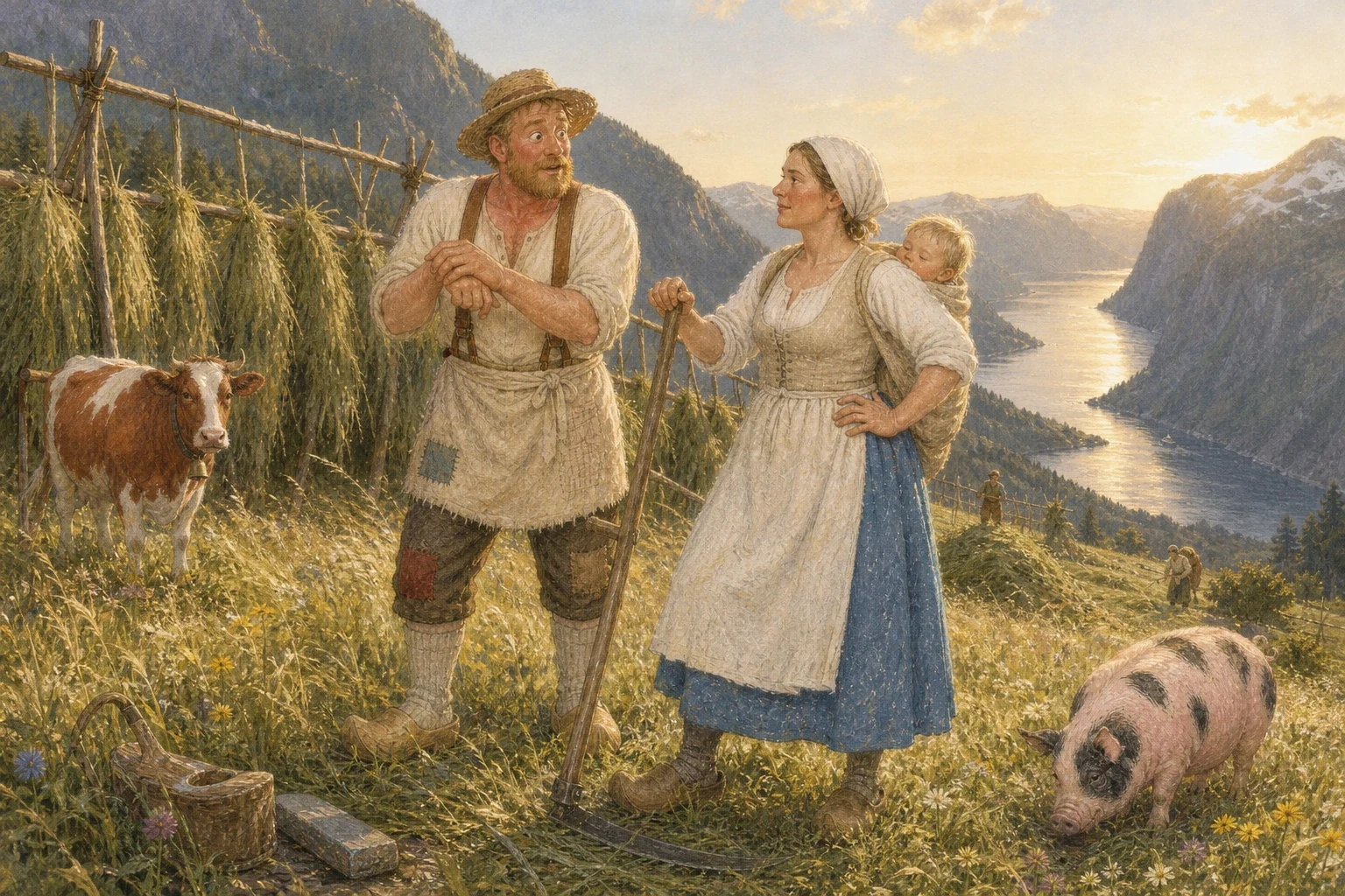 That evening the wife came up to the hayfield where he was leaning on his scythe, and she looked at the long grass still standing, and she made him an offer.