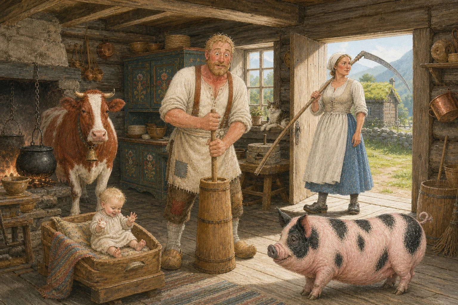In the morning the wife took the scythe over her shoulder and went off up the hill to mow, and the husband was left in the kitchen with the whole house to mind.