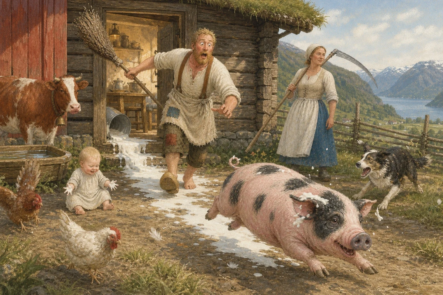 While he was gone the pig came in through the open door. The pig walked straight to the churn and put its nose against it and pushed, and over went the churn…