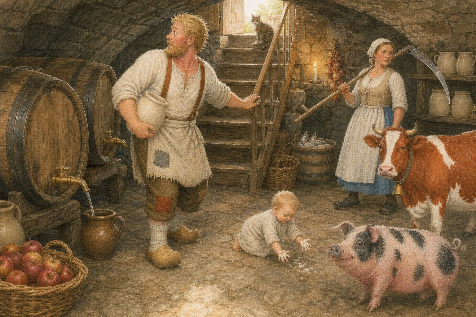 There was nothing to be done but start again, so down he went into the cellar, where it was cool and dim and smelled of earth and ale and winter apples.
