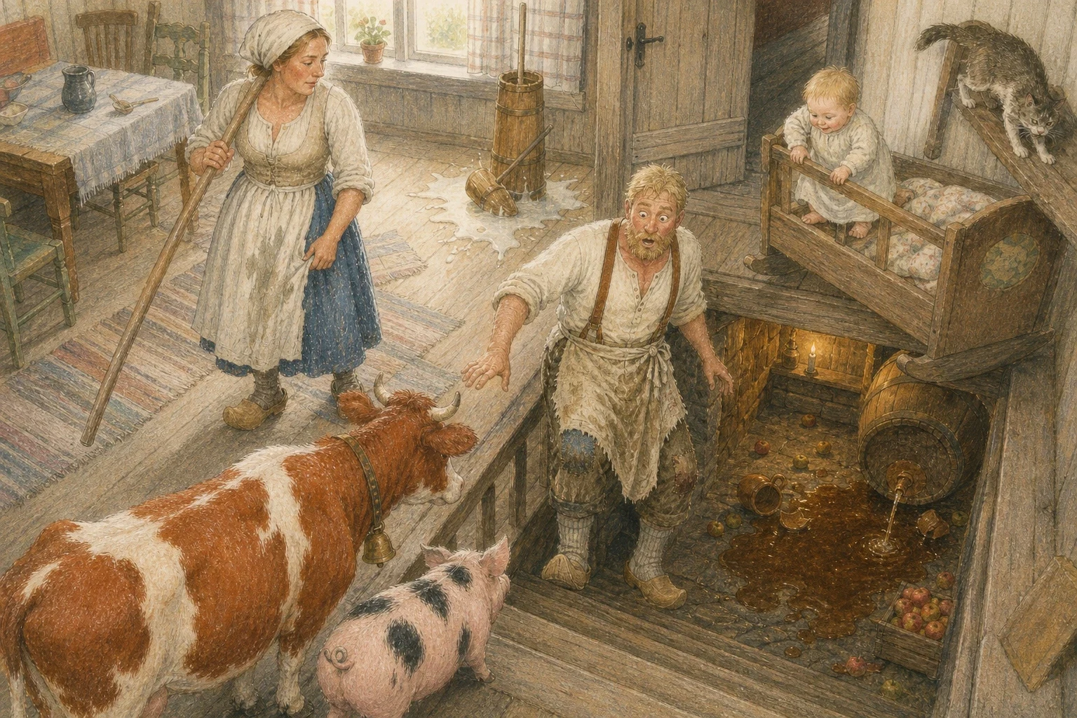He got to the top of the stairs just in time to see the pig at the crock. He drove it out of the door for the second time, and this time he shut the door and…