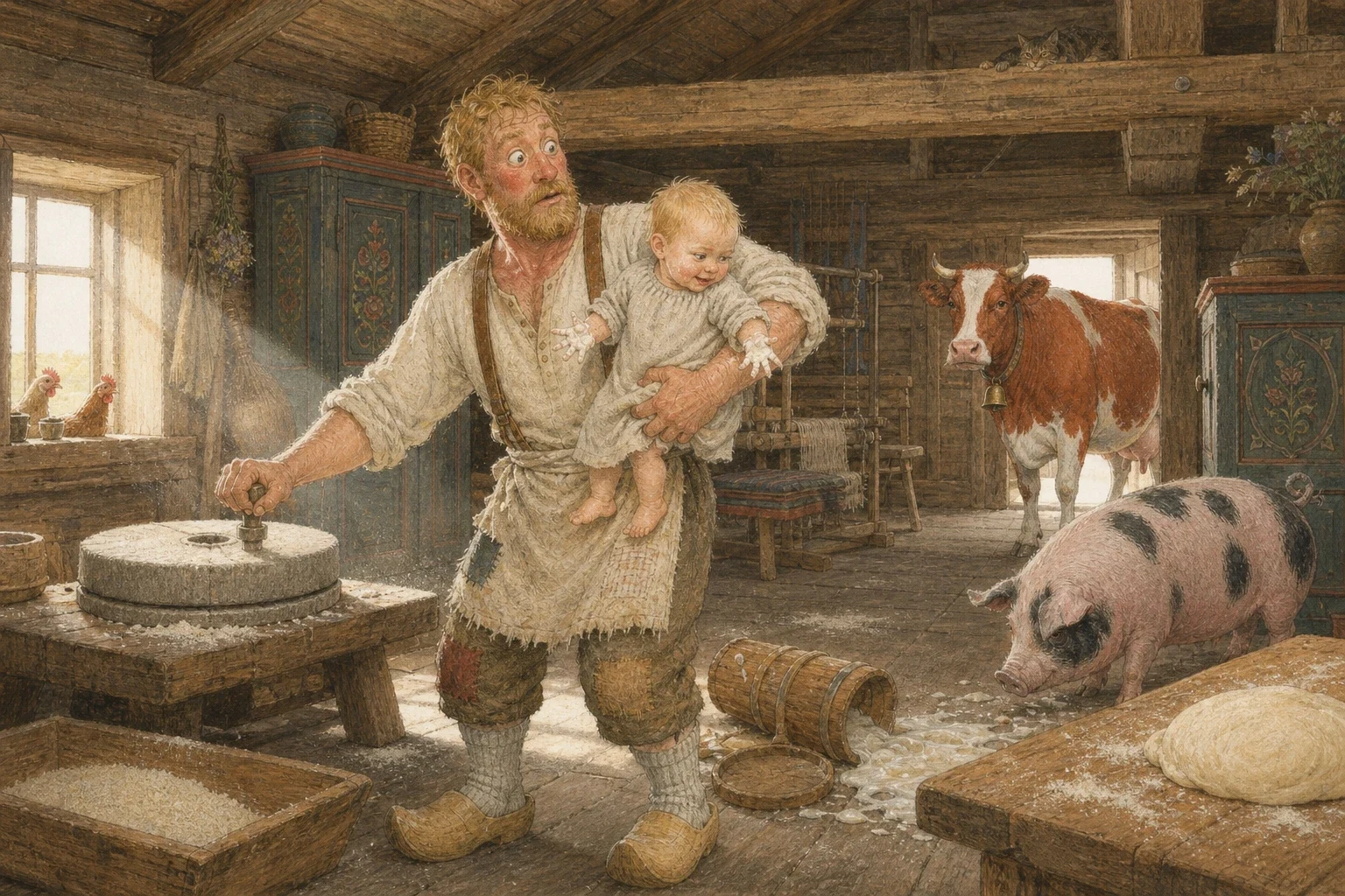 Now he remembered the meal. The bread could not be made without it, and the dinner could not be made without the bread. So he set the little hand millstone…