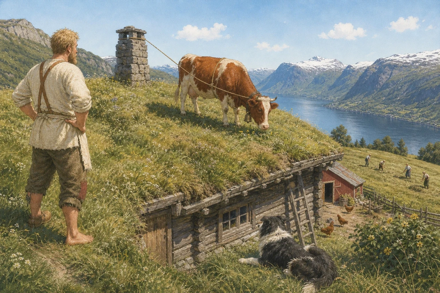 The cow had to graze, and he had no time to walk her up the hill to the pasture. So he looked out of the door at the roof of his own house, with its good thick…