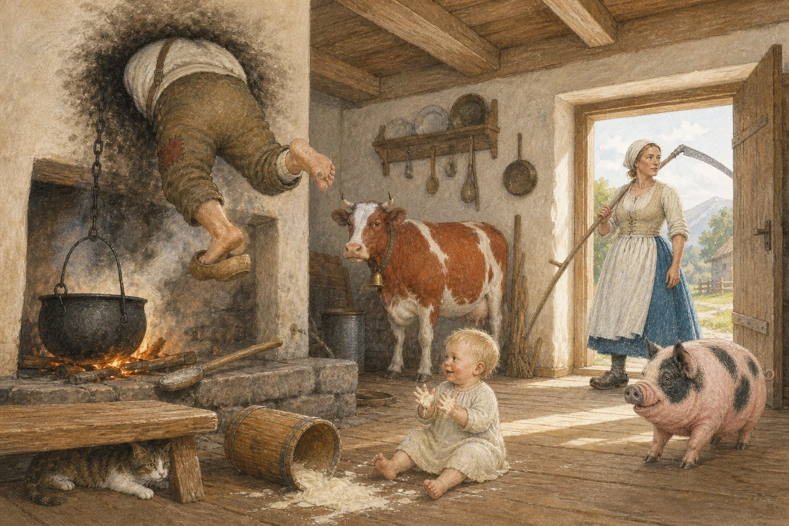 Then he put the porridge pot on the fire, because there was still dinner to make, and he began to stir it. And while he was stirring, the cow walked too near…