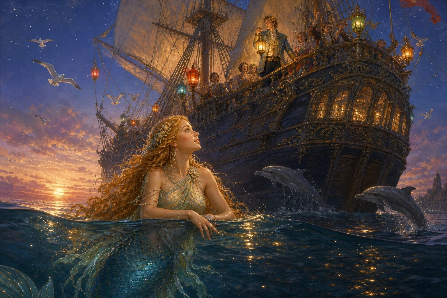 At last the youngest mermaid was old enough to rise to the surface for the first time. She swam up and up through the darkening blue until her head broke… At last the youngest mermaid was old enough to rise to the surface for the first time. She swam up and up through the darkening blue until her head broke…