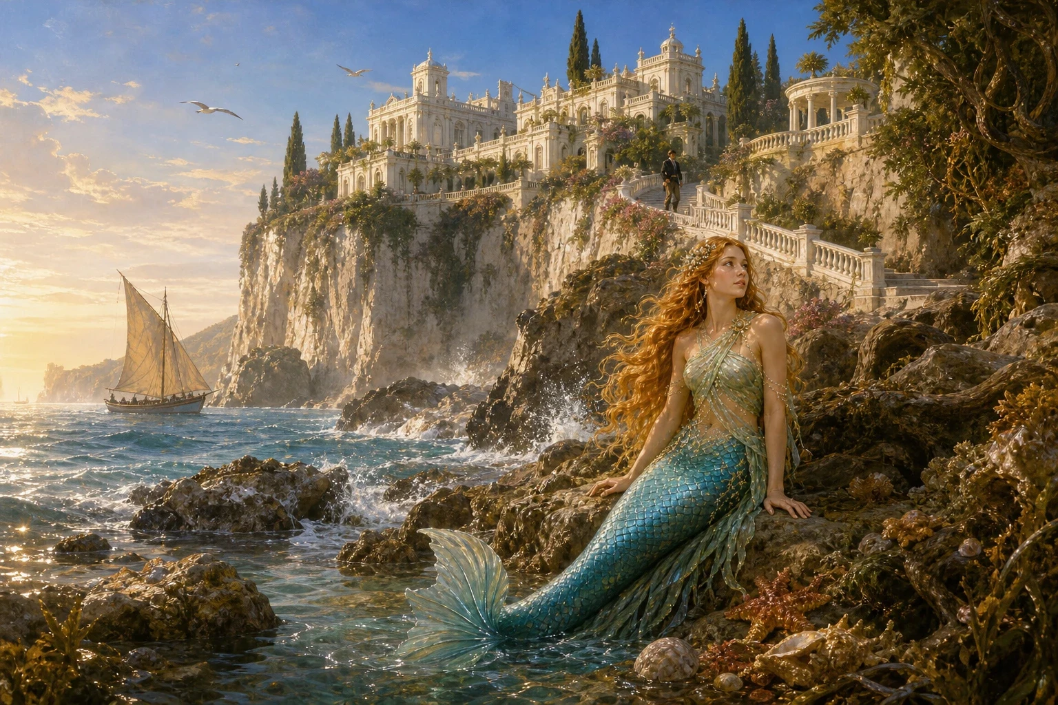 The little mermaid could not forget the prince. Day after day she returned to the quiet bay below his white palace and watched him from among the rocks —… The little mermaid could not forget the prince. Day after day she returned to the quiet bay below his white palace and watched him from among the rocks —…