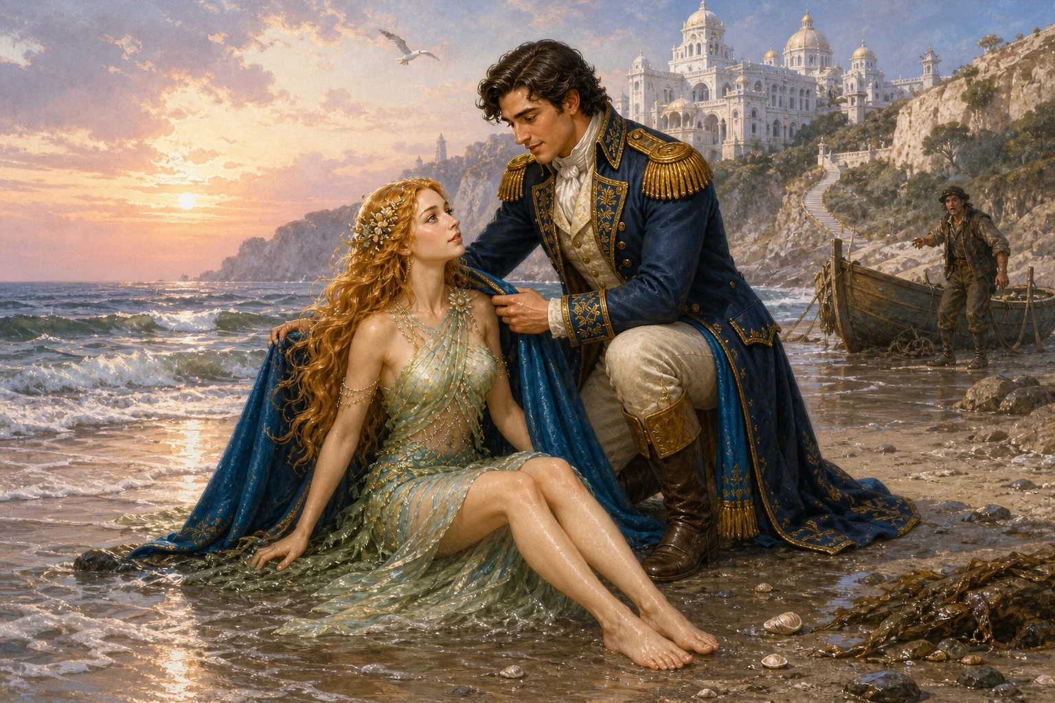 At dawn the little mermaid rose to the surface and swam to the beach below the prince's palace, and there she drank the witch's potion. At dawn the little mermaid rose to the surface and swam to the beach below the prince's palace, and there she drank the witch's potion.