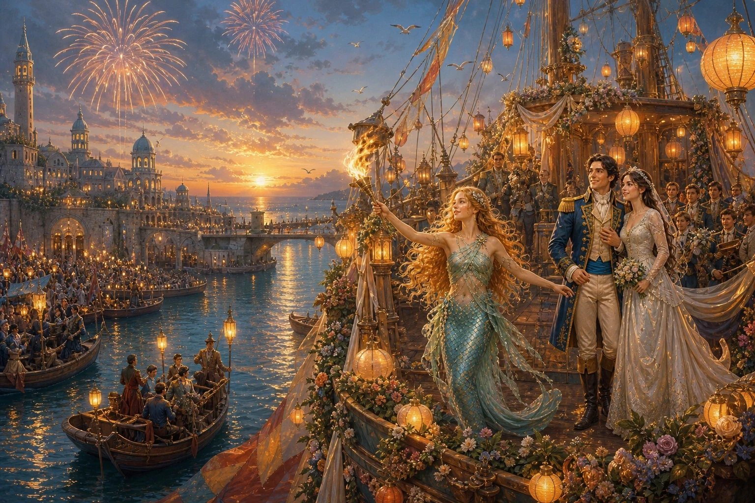 In time the prince was betrothed to the very girl he believed had saved him — a kind princess from a neighbouring kingdom — and a great wedding was held aboard… In time the prince was betrothed to the very girl he believed had saved him — a kind princess from a neighbouring kingdom — and a great wedding was held aboard…