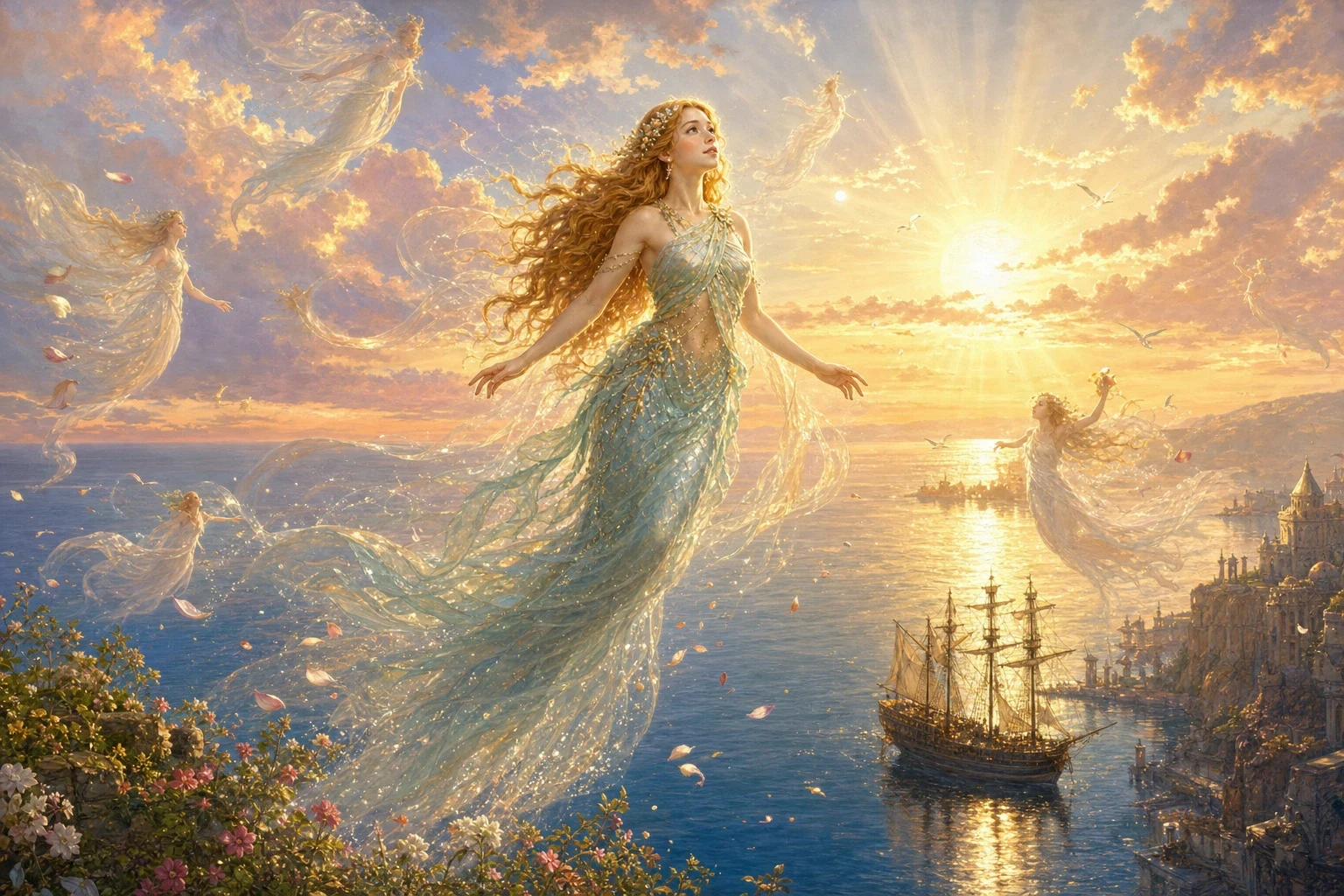 As the sun rose over the sea, the little mermaid looked for the last time at the prince she loved, and prepared to dissolve gently into the foam. As the sun rose over the sea, the little mermaid looked for the last time at the prince she loved, and prepared to dissolve gently into the foam.