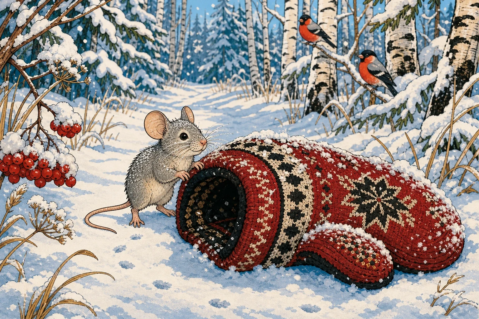 The mitten lay on the path with the snow coming down on it. Along came a little mouse — the scratching mouse — with her whiskers white with frost. She stopped. The mitten lay on the path with the snow coming down on it. Along came a little mouse — the scratching mouse — with her whiskers white with frost. She stopped.