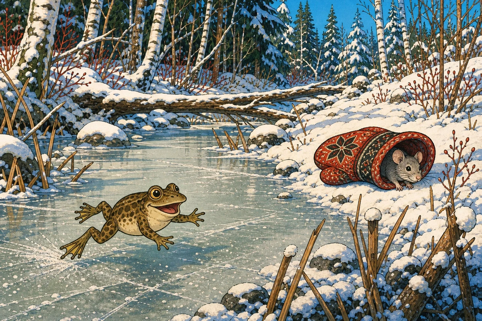 Down by the stream, where the water had gone hard and white, a frog was sitting under a tuft of frozen reeds and wishing she were somewhere else. Down by the stream, where the water had gone hard and white, a frog was sitting under a tuft of frozen reeds and wishing she were somewhere else.