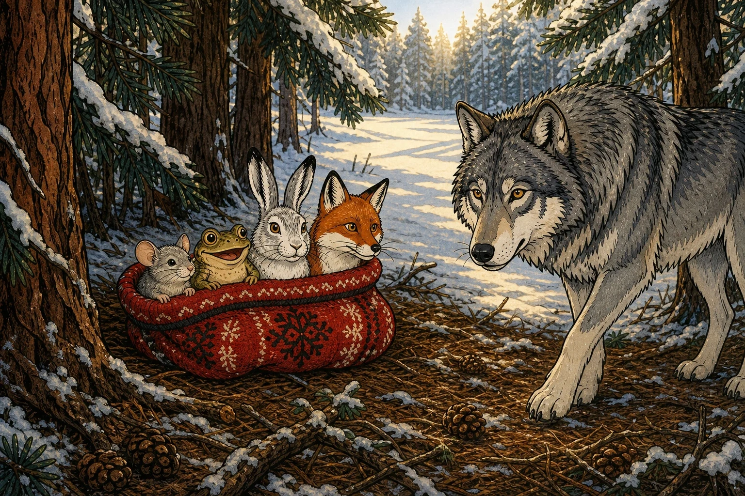 Deeper in, where the pines grow so close that the day goes grey-green and the snow hardly reaches the ground, a wolf was walking. Deeper in, where the pines grow so close that the day goes grey-green and the snow hardly reaches the ground, a wolf was walking.