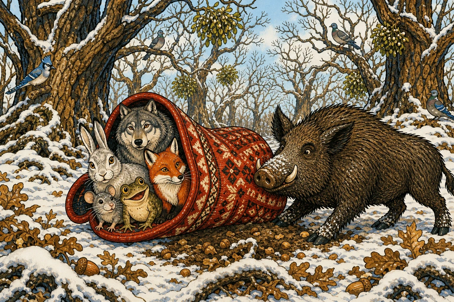 In the oak wood a boar had been digging for acorns under the snow all morning, and he was in no mood to be told no. He came over with snow on his snout. In the oak wood a boar had been digging for acorns under the snow all morning, and he was in no mood to be told no. He came over with snow on his snout.