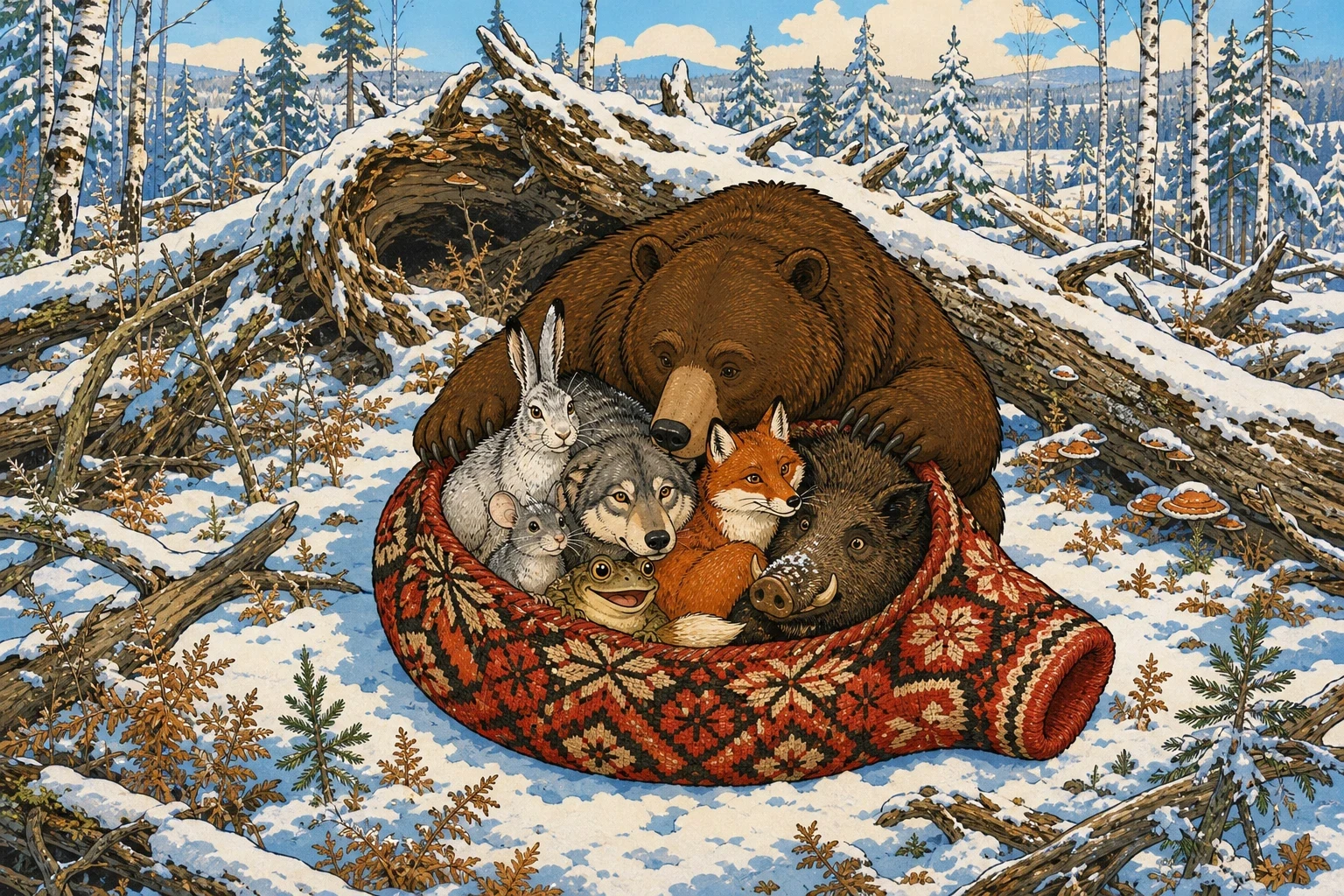 And last of all, out of the tangle of fallen trees where he had been sleeping, came the bear. "Who is living in the mitten?" "The scratching mouse, the croaking… And last of all, out of the tangle of fallen trees where he had been sleeping, came the bear. "Who is living in the mitten?" "The scratching mouse, the croaking…