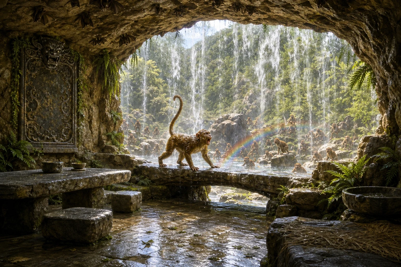 He fell in with the monkeys of that mountain and lived with them, eating fruit and drinking from the stream and sleeping under the pines, and he was happy.