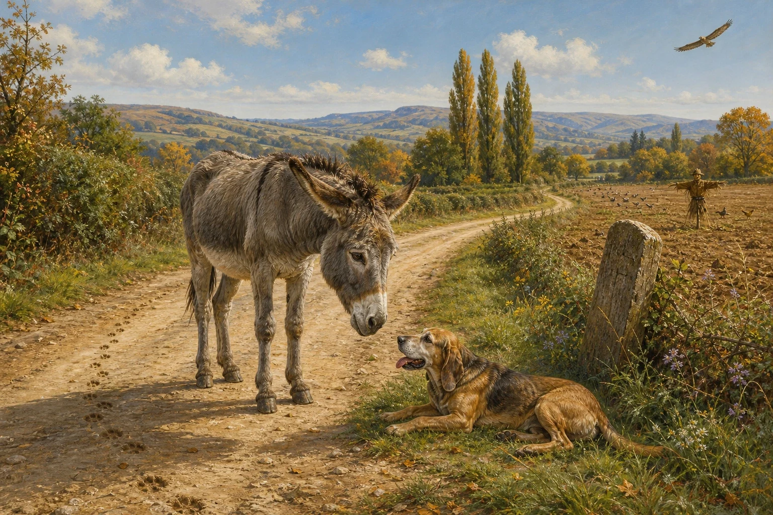 The donkey had not walked far down the road before he came upon a dog lying at the edge of it, panting hard as though he had been running for his life. The donkey had not walked far down the road before he came upon a dog lying at the edge of it, panting hard as though he had been running for his life.