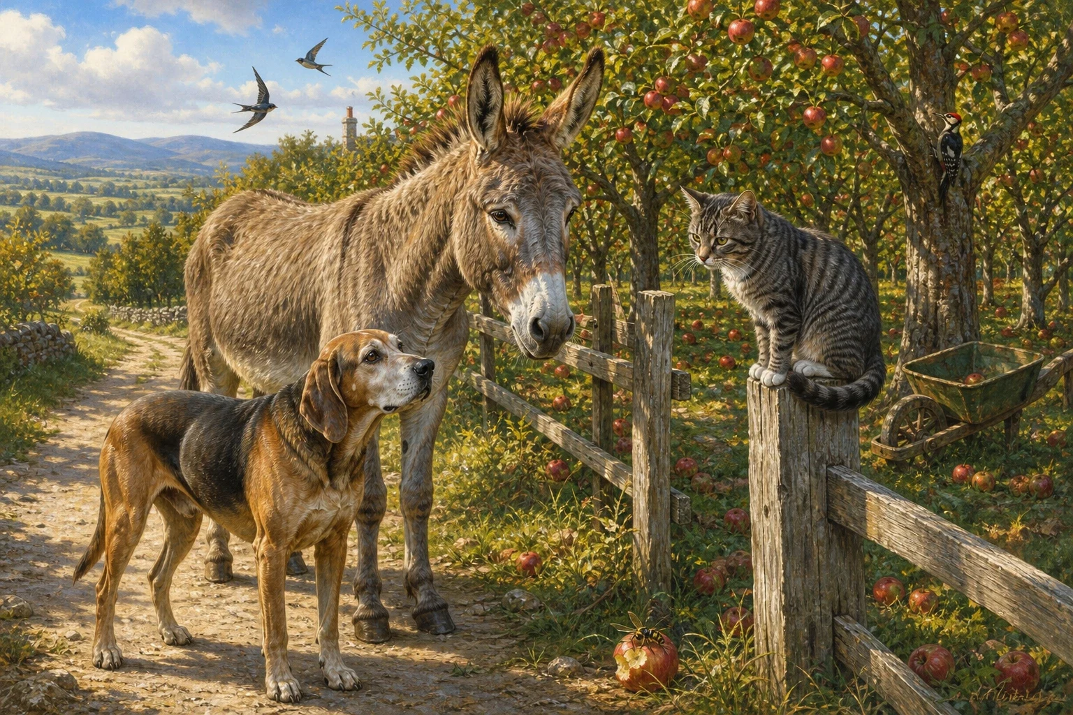 A little further on, where the road ran past an old orchard heavy with apples, they came upon a cat sitting at the roadside looking as gloomy as three wet days… A little further on, where the road ran past an old orchard heavy with apples, they came upon a cat sitting at the roadside looking as gloomy as three wet days…