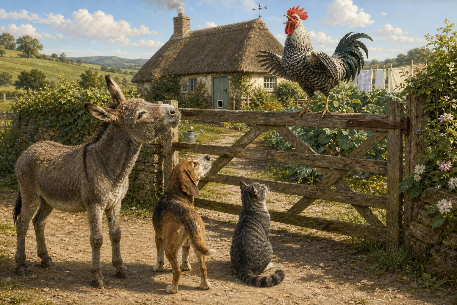 At last they came to a farmyard where a rooster sat up on the gate, crowing as loudly as he possibly could. "Your crowing goes right through one," said the… At last they came to a farmyard where a rooster sat up on the gate, crowing as loudly as he possibly could. "Your crowing goes right through one," said the…