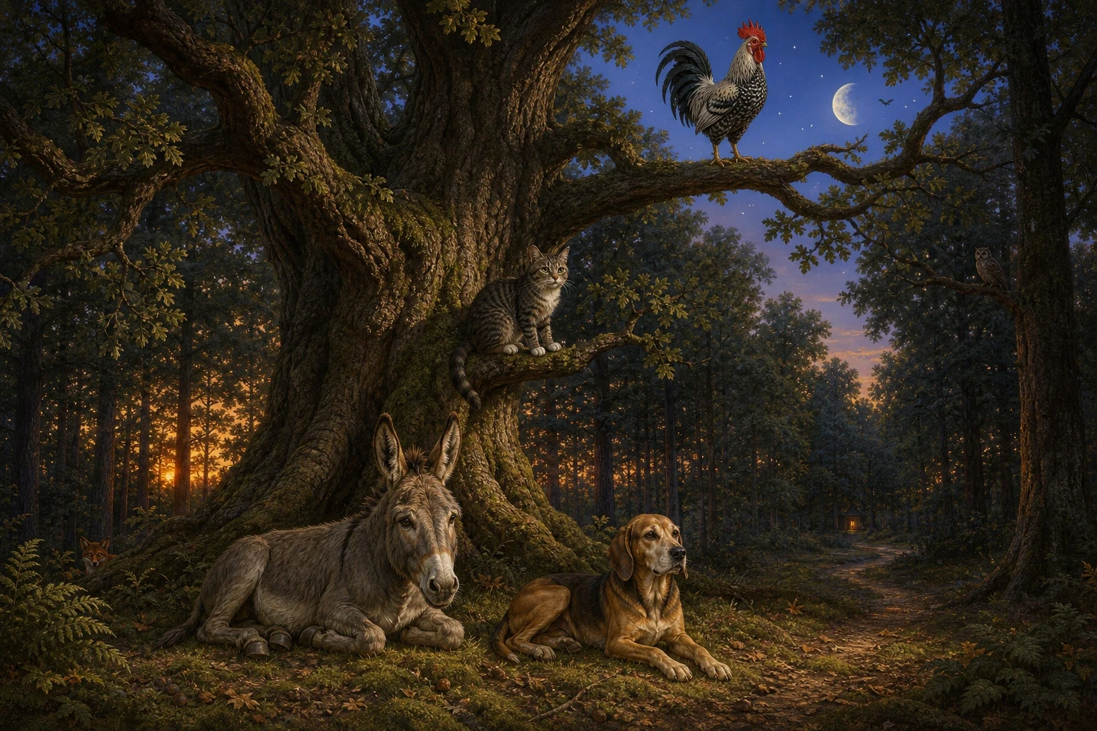 They could not reach Bremen in a single day, and as evening came on they found themselves in a forest, where they decided to spend the night. They could not reach Bremen in a single day, and as evening came on they found themselves in a forest, where they decided to spend the night.