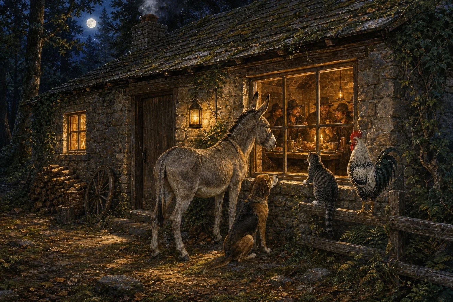 At last they came to a house with every window lit up bright. Since the donkey was tallest, he went up and looked in through the window first. At last they came to a house with every window lit up bright. Since the donkey was tallest, he went up and looked in through the window first.