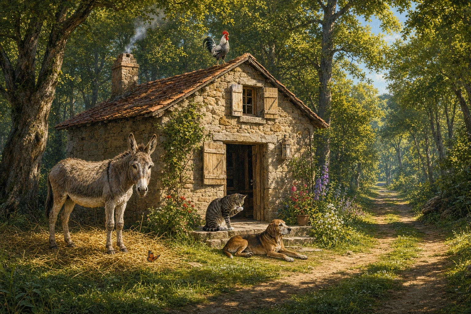 After that night, the robbers never dared come near the house again, and so the donkey, the dog, the cat and the rooster had it all to themselves. After that night, the robbers never dared come near the house again, and so the donkey, the dog, the cat and the rooster had it all to themselves.