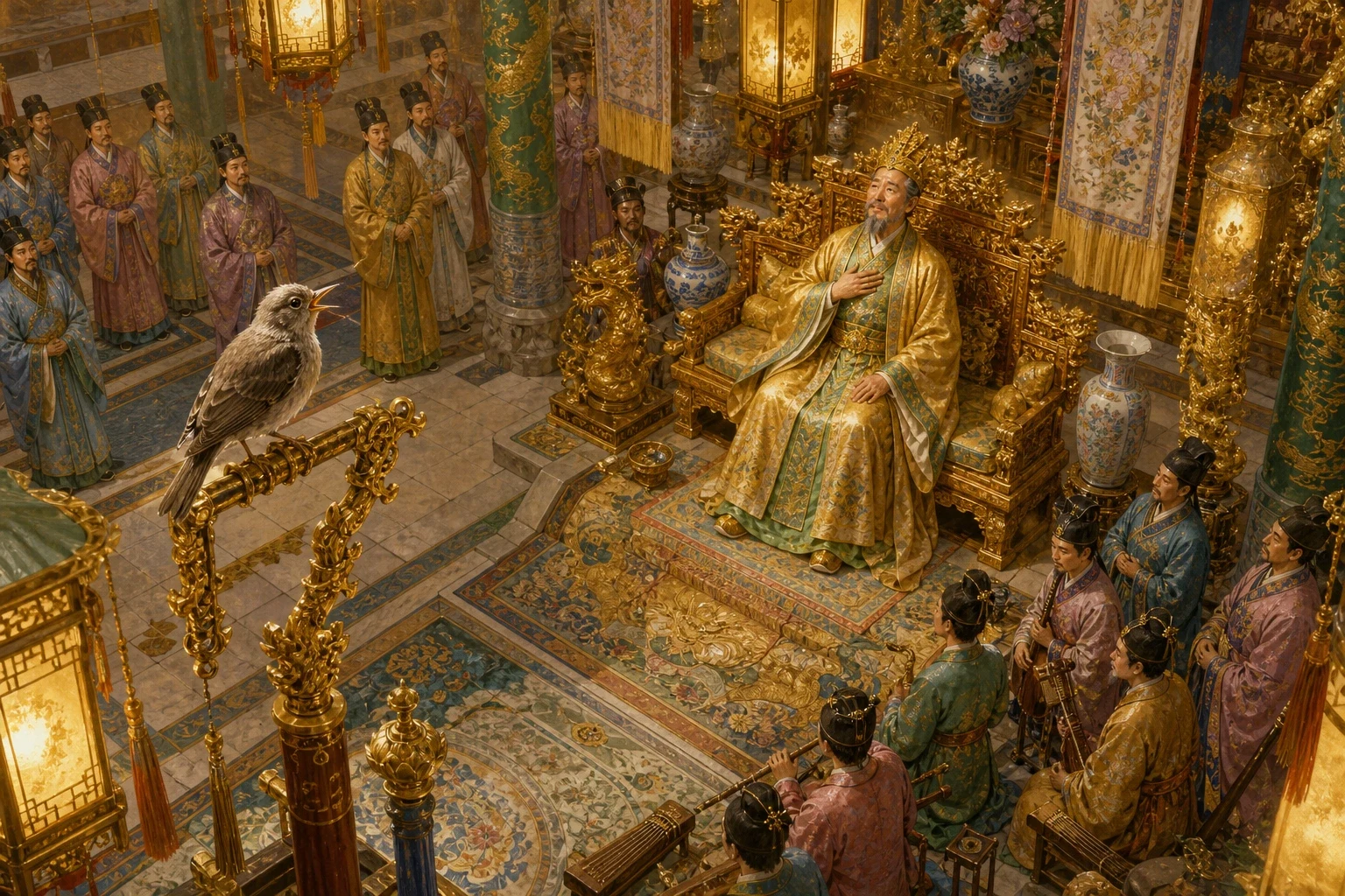 The plain little grey nightingale was brought to the palace and set upon a golden perch in the great hall, before the emperor and all his glittering court. The plain little grey nightingale was brought to the palace and set upon a golden perch in the great hall, before the emperor and all his glittering court.